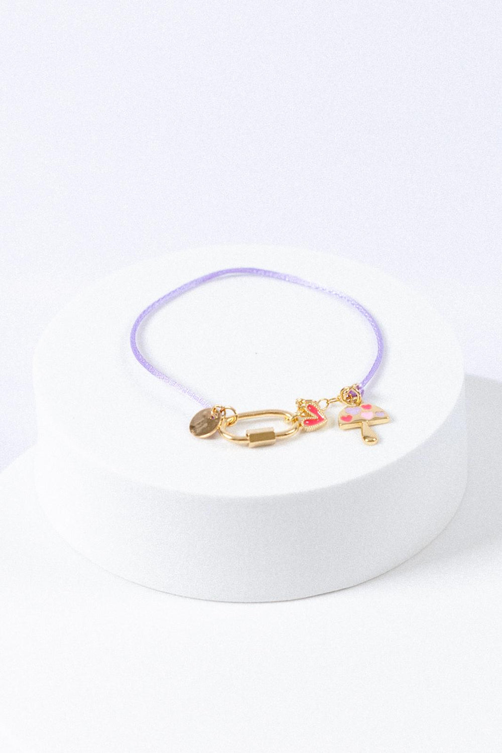 Purple nylon bracelet handmade with gold filled caliber clasp and heart and mushroom charms